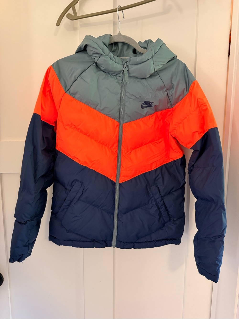 Nike Kids Colorblock Puffer Jacket in Grey, Orange & Navy